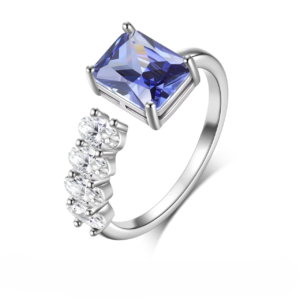 925 Sterling Silver Birthstone Ring,Adjustable Square Zirconia Band Ring Jewelry Gifts for Women