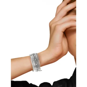 Silvertone Textured Bangle Bracelet Set – 5-Piece Designer-Inspired Jewelry